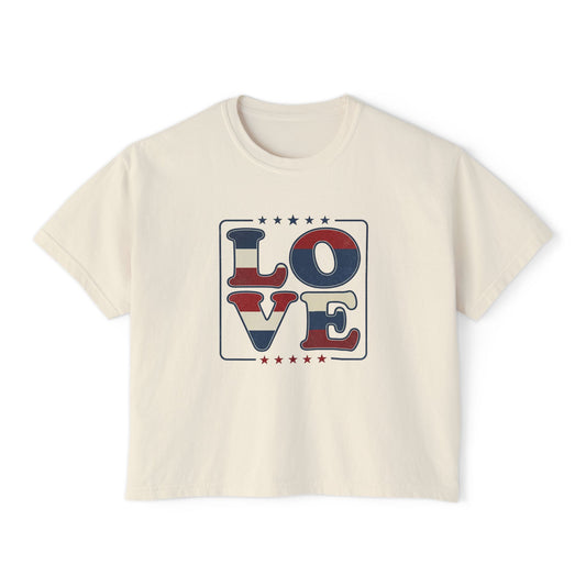 Patriotic LOVE Boxy Tee — Women's American Flag Heart Typography