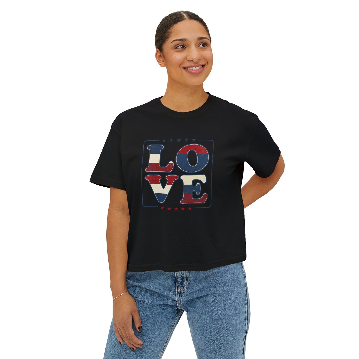 Patriotic LOVE Boxy Tee — Women's American Flag Heart Typography