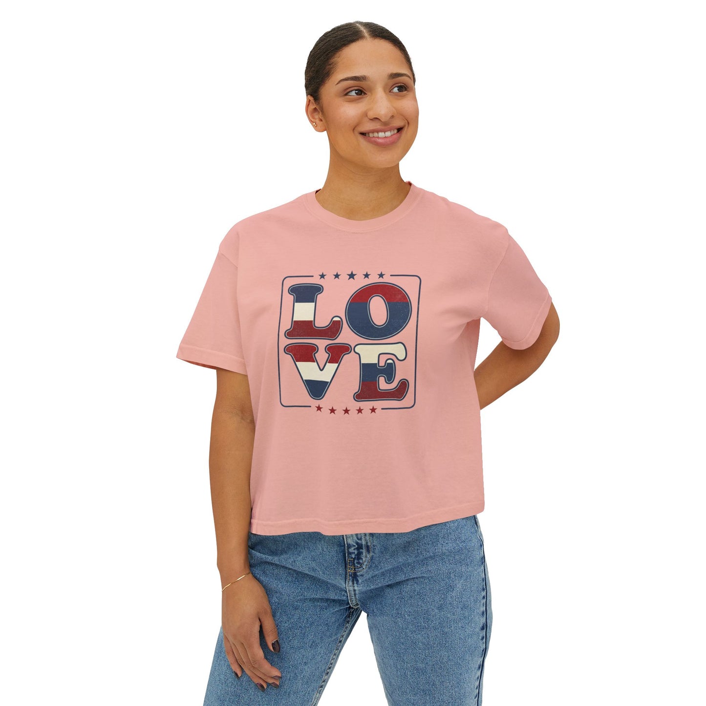 Patriotic LOVE Boxy Tee — Women's American Flag Heart Typography