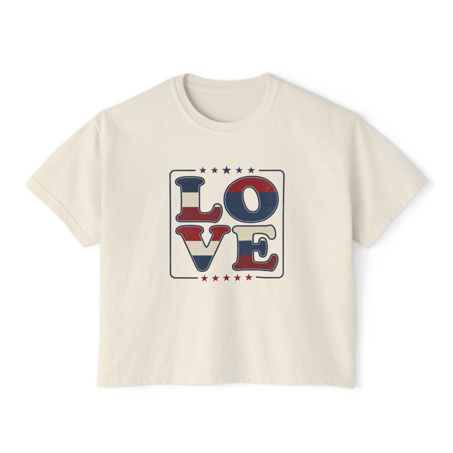 Patriotic LOVE Boxy Tee — Women's American Flag Heart Typography