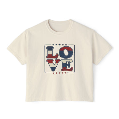 Patriotic LOVE Boxy Tee — Women's American Flag Heart Typography