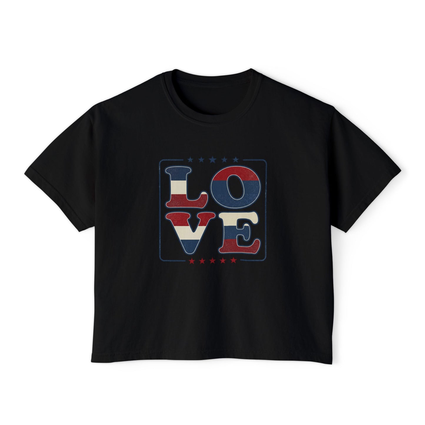 Patriotic LOVE Boxy Tee — Women's American Flag Heart Typography