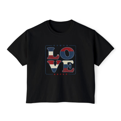 Patriotic LOVE Boxy Tee — Women's American Flag Heart Typography