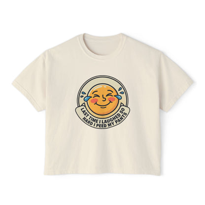 Boxy Tee — Laughing Emoji “Last Time I Laughed So Hard I Peed My Pants” Graphic Shirt