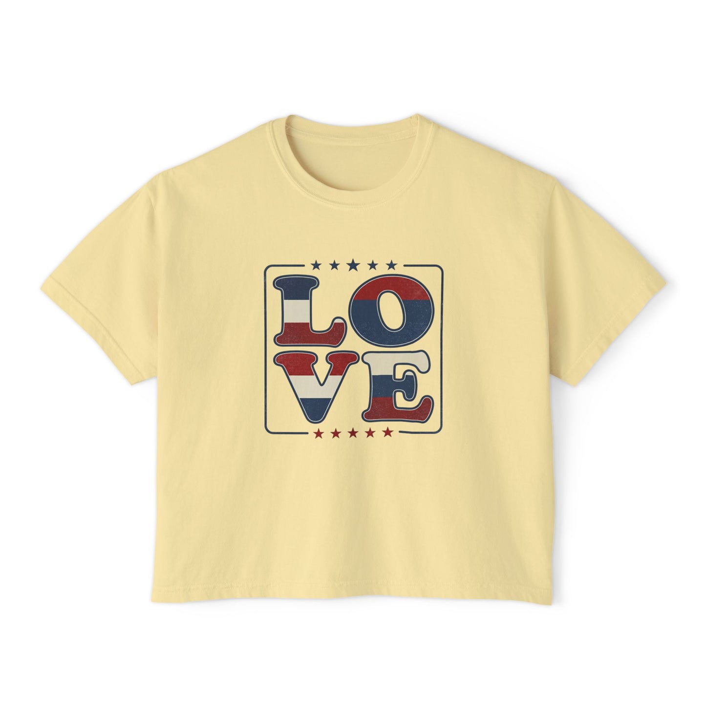 Patriotic LOVE Boxy Tee — Women's American Flag Heart Typography
