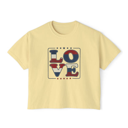 Patriotic LOVE Boxy Tee — Women's American Flag Heart Typography