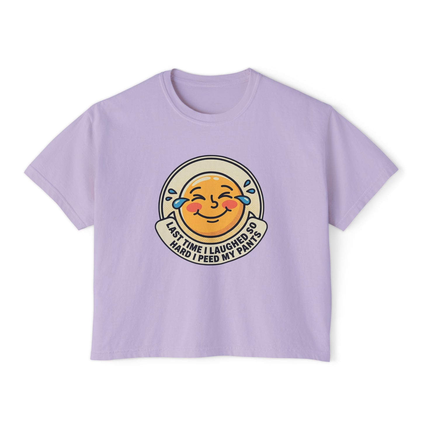 Boxy Tee — Laughing Emoji “Last Time I Laughed So Hard I Peed My Pants” Graphic Shirt