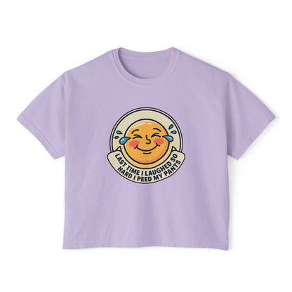 Boxy Tee — Laughing Emoji “Last Time I Laughed So Hard I Peed My Pants” Graphic Shirt
