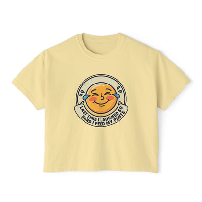 Boxy Tee — Laughing Emoji “Last Time I Laughed So Hard I Peed My Pants” Graphic Shirt