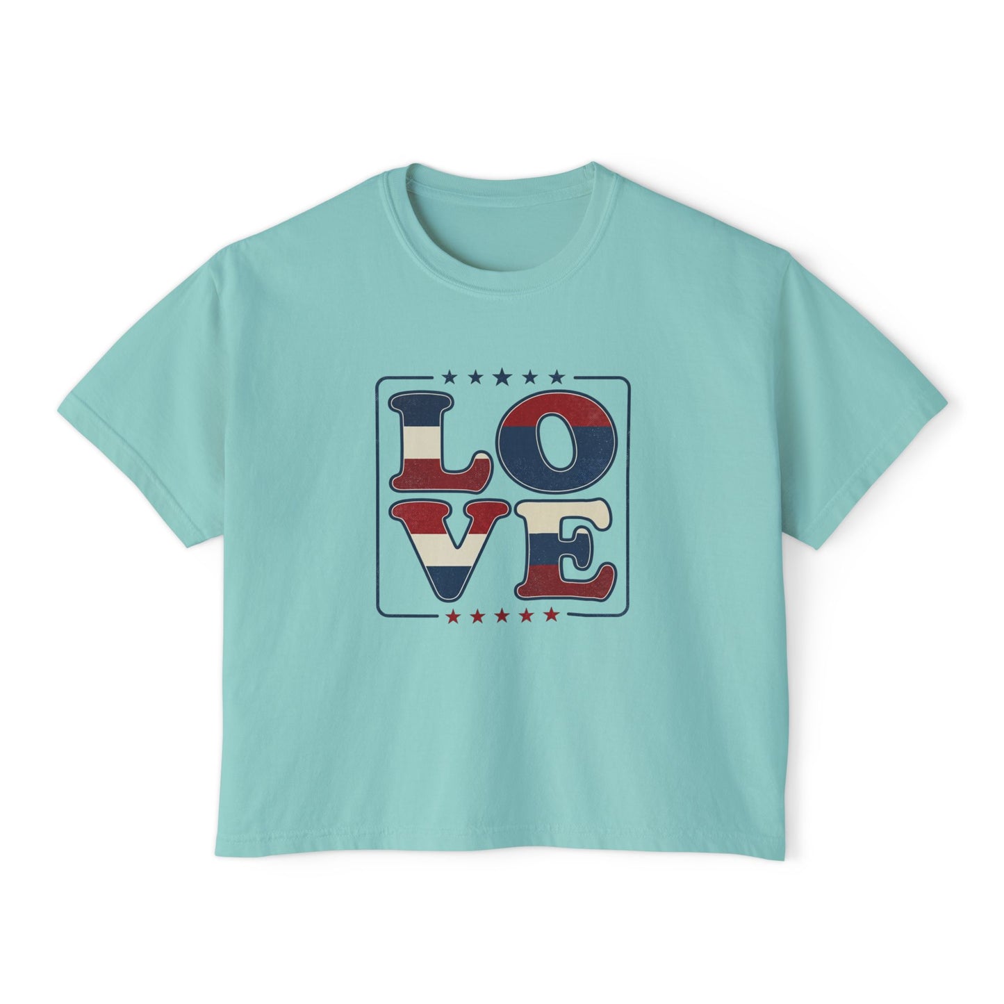 Patriotic LOVE Boxy Tee — Women's American Flag Heart Typography