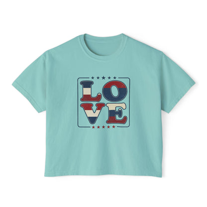 Patriotic LOVE Boxy Tee — Women's American Flag Heart Typography