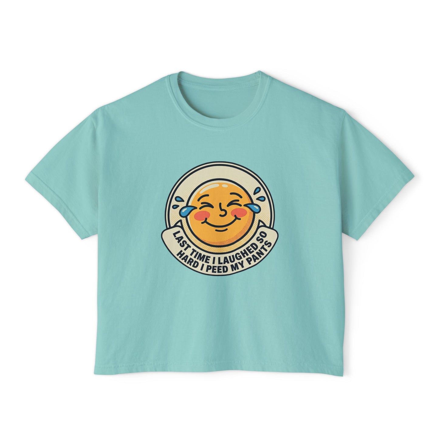 Boxy Tee — Laughing Emoji “Last Time I Laughed So Hard I Peed My Pants” Graphic Shirt