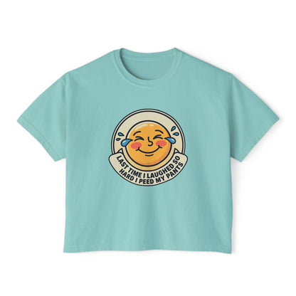 Boxy Tee — Laughing Emoji “Last Time I Laughed So Hard I Peed My Pants” Graphic Shirt