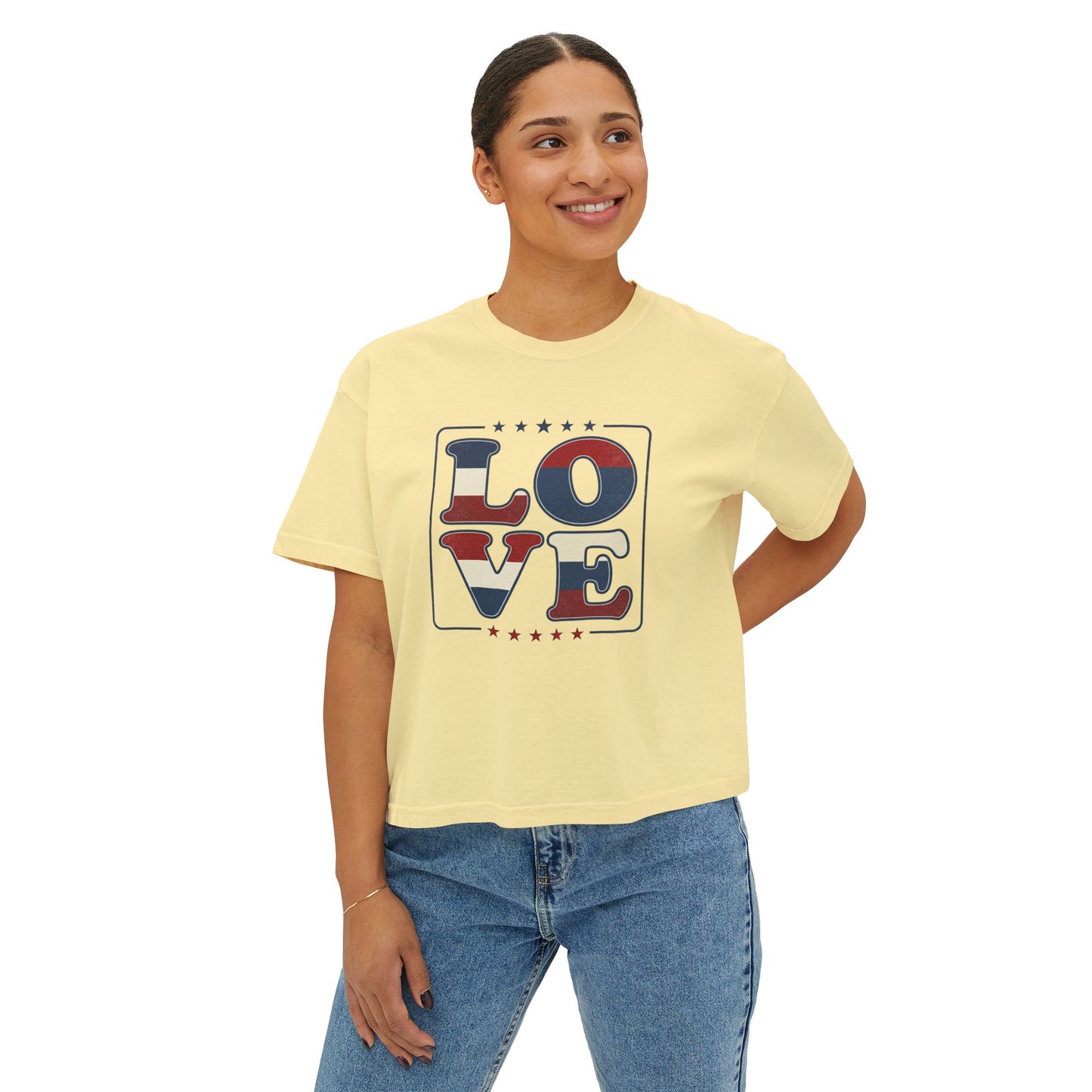 Patriotic LOVE Boxy Tee — Women's American Flag Heart Typography