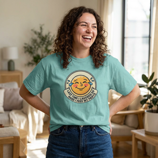 Boxy Tee — Laughing Emoji “Last Time I Laughed So Hard I Peed My Pants” Graphic Shirt