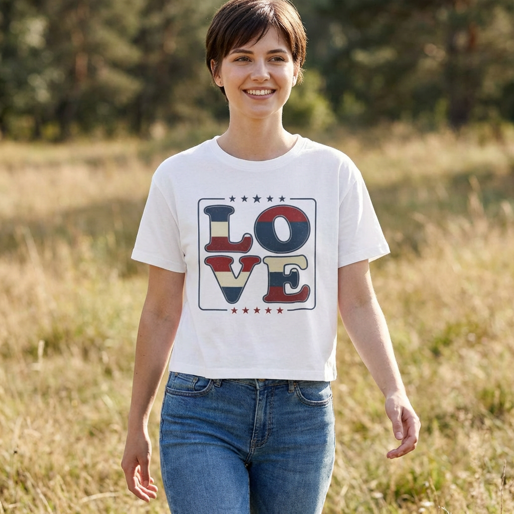 Patriotic LOVE Boxy Tee — Women's American Flag Heart Typography