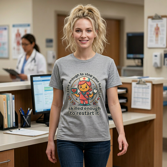 Nurse T-Shirt — "Cute Enough to Stop Your Heart, Skilled Enough to Restart It" Cute Medical Tee