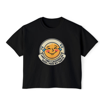 Boxy Tee — Laughing Emoji “Last Time I Laughed So Hard I Peed My Pants” Graphic Shirt