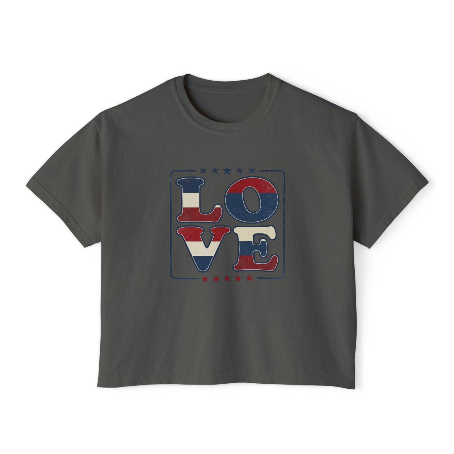Patriotic LOVE Boxy Tee — Women's American Flag Heart Typography
