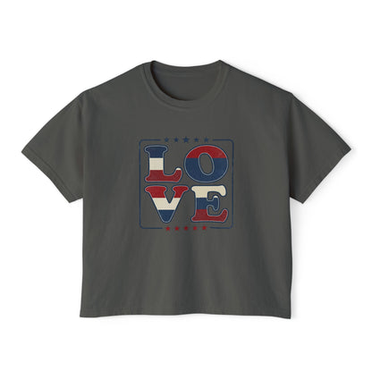 Patriotic LOVE Boxy Tee — Women's American Flag Heart Typography