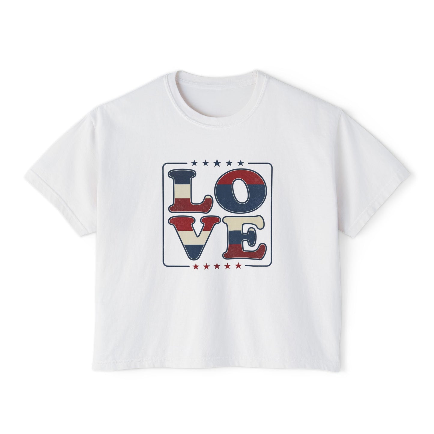 Patriotic LOVE Boxy Tee — Women's American Flag Heart Typography