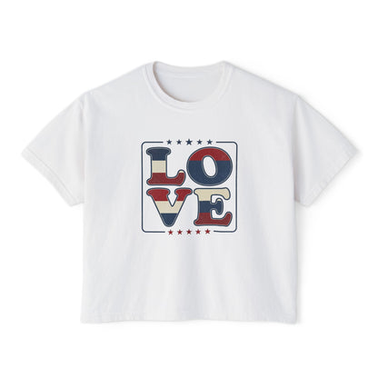 Patriotic LOVE Boxy Tee — Women's American Flag Heart Typography