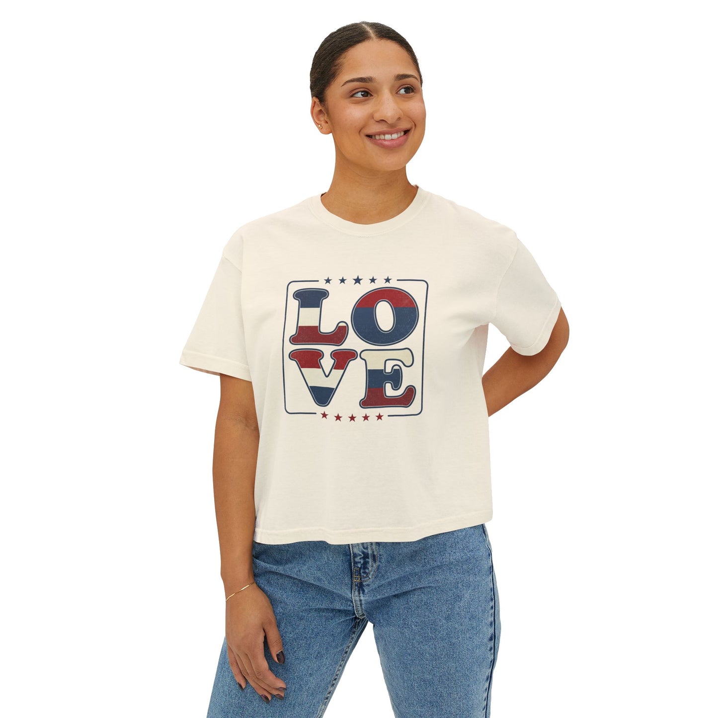 Patriotic LOVE Boxy Tee — Women's American Flag Heart Typography