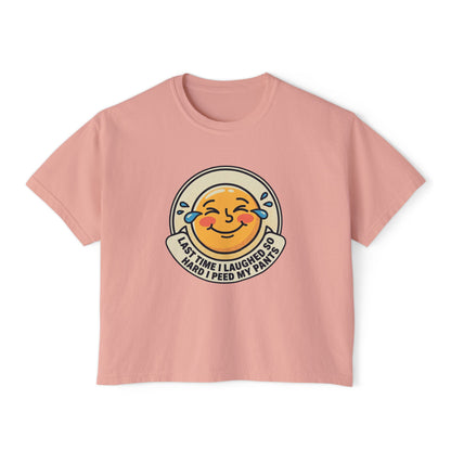 Boxy Tee — Laughing Emoji “Last Time I Laughed So Hard I Peed My Pants” Graphic Shirt