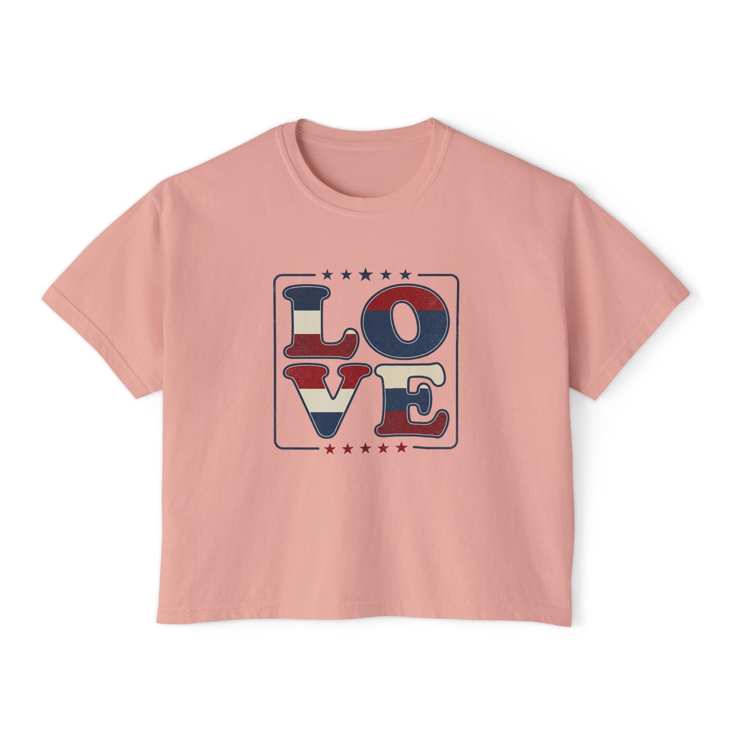 Patriotic LOVE Boxy Tee — Women's American Flag Heart Typography