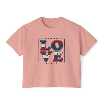 Patriotic LOVE Boxy Tee — Women's American Flag Heart Typography