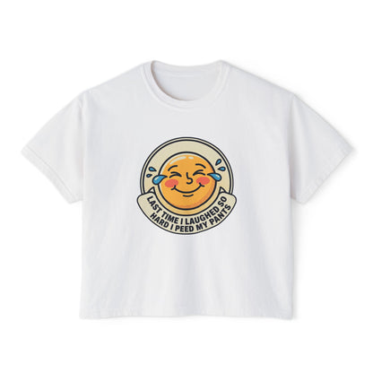 Boxy Tee — Laughing Emoji “Last Time I Laughed So Hard I Peed My Pants” Graphic Shirt