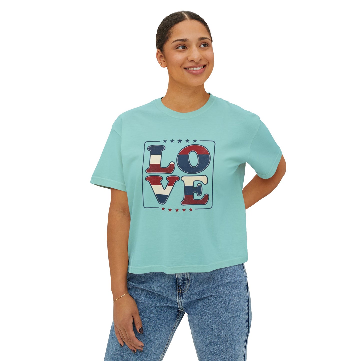 Patriotic LOVE Boxy Tee — Women's American Flag Heart Typography