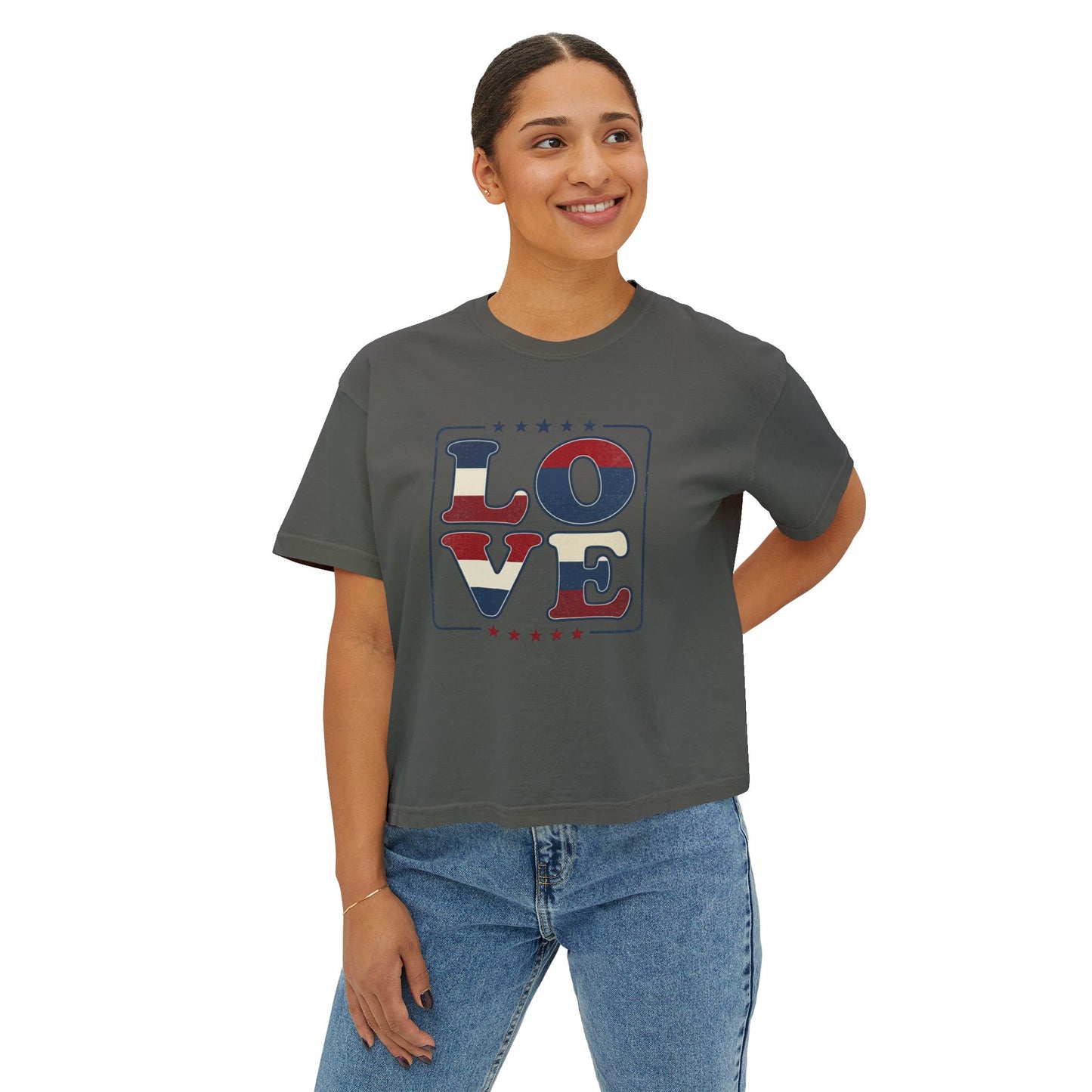 Patriotic LOVE Boxy Tee — Women's American Flag Heart Typography